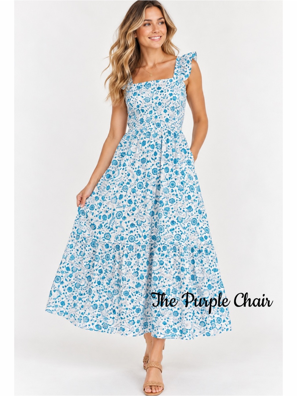 DRAPER JAMES NWT Blue Floral Flutter Strap Square Neck Midi Dress L